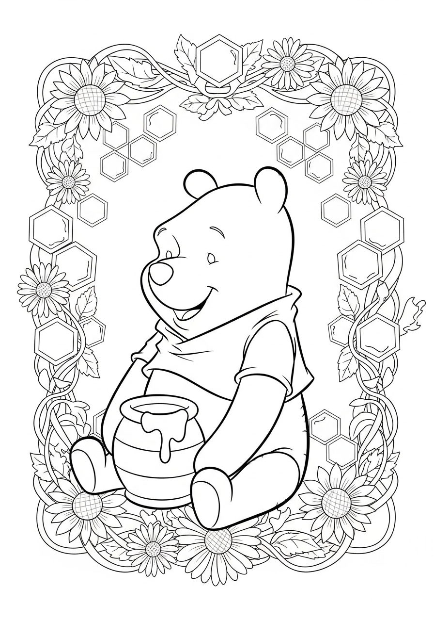 Winnie the Pooh in floral frame coloring page