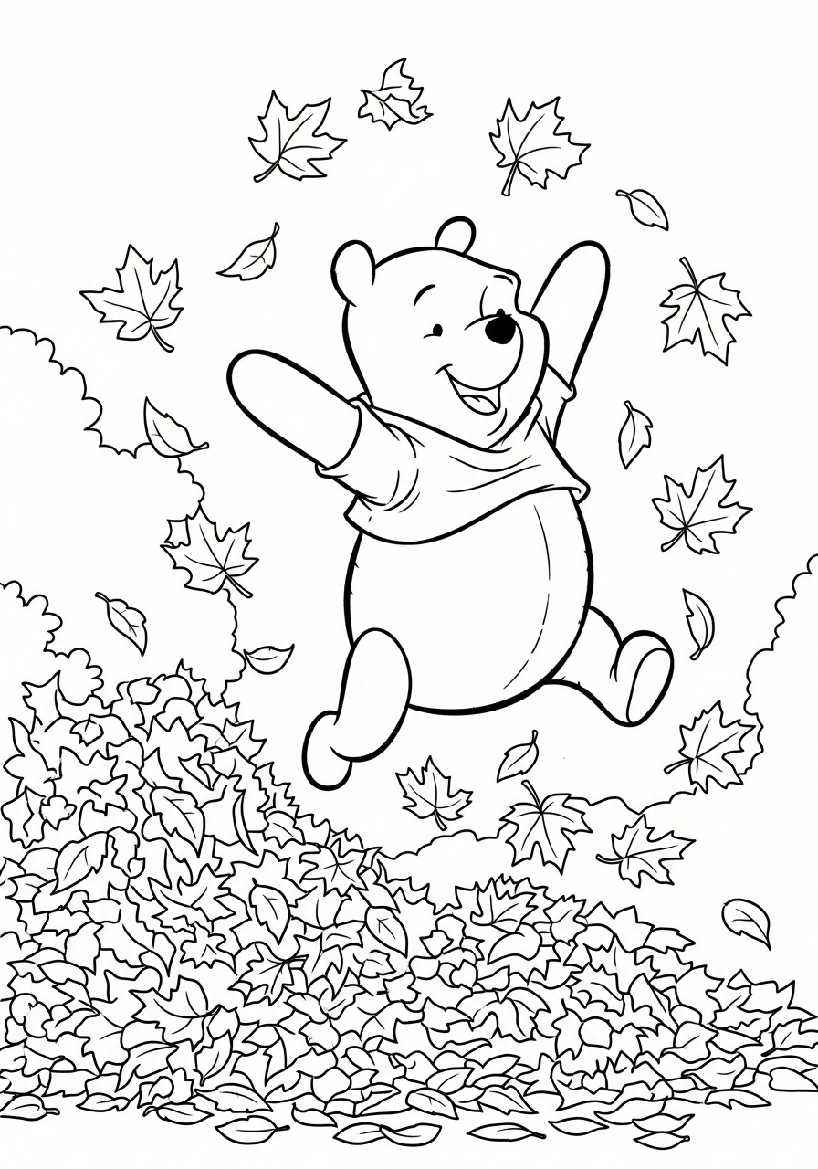 Winnie the Pooh jumping in leaves coloring page