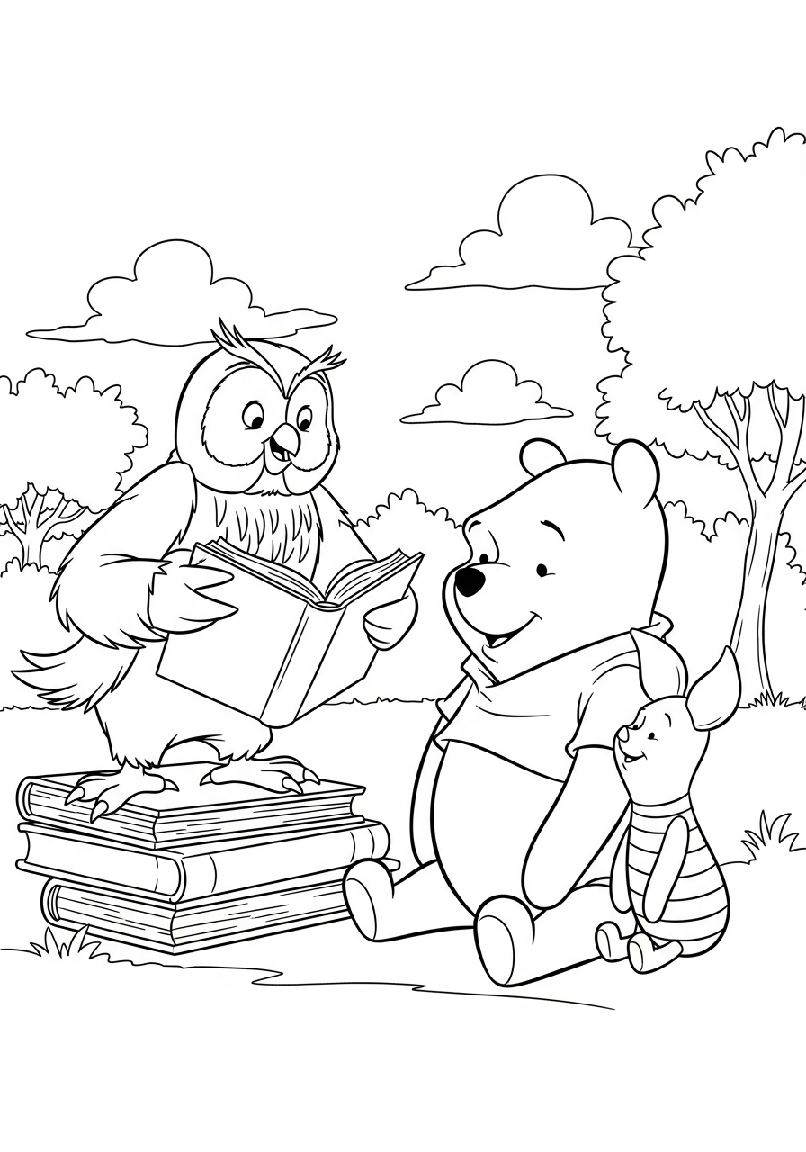 Winnie the Pooh listening to Owl coloring page