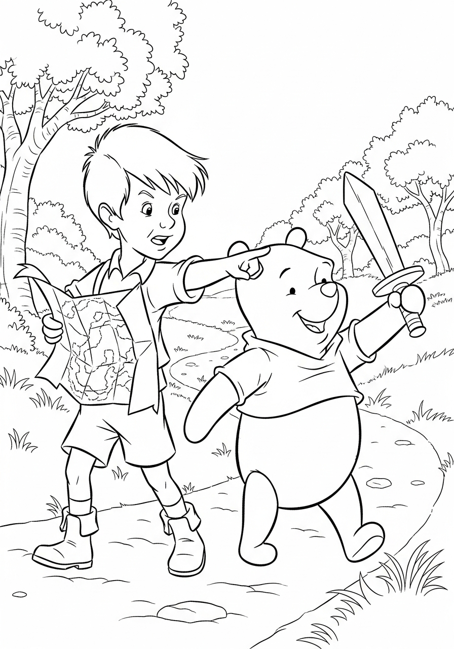Winnie the Pooh marching on expedition coloring page
