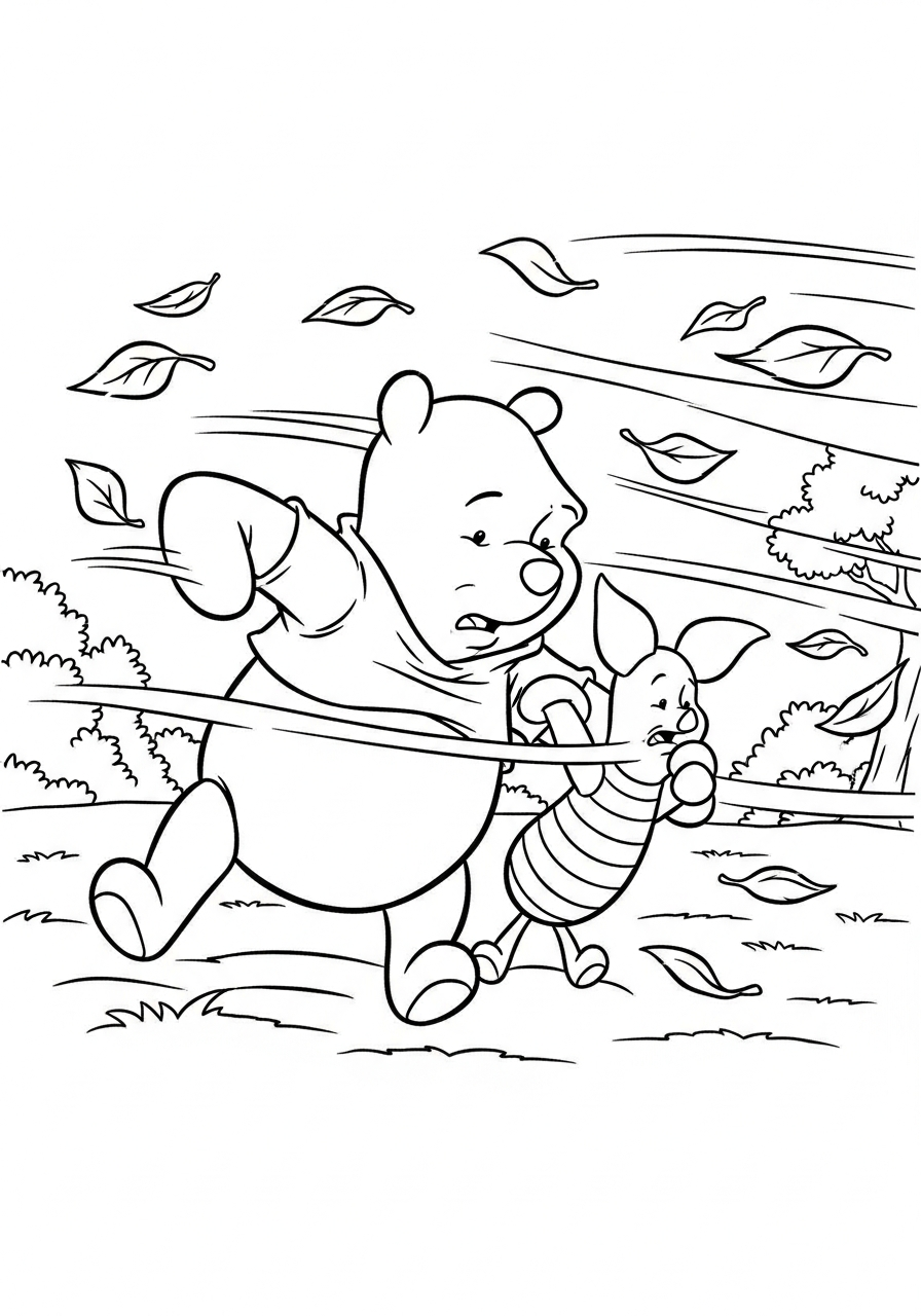 Winnie the Pooh on windy day coloring page