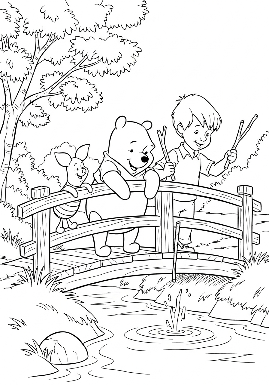 Winnie the Pooh playing poohsticks bridge coloring page