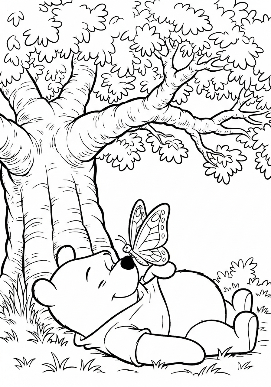 Winnie the Pooh sleeping under tree coloring page