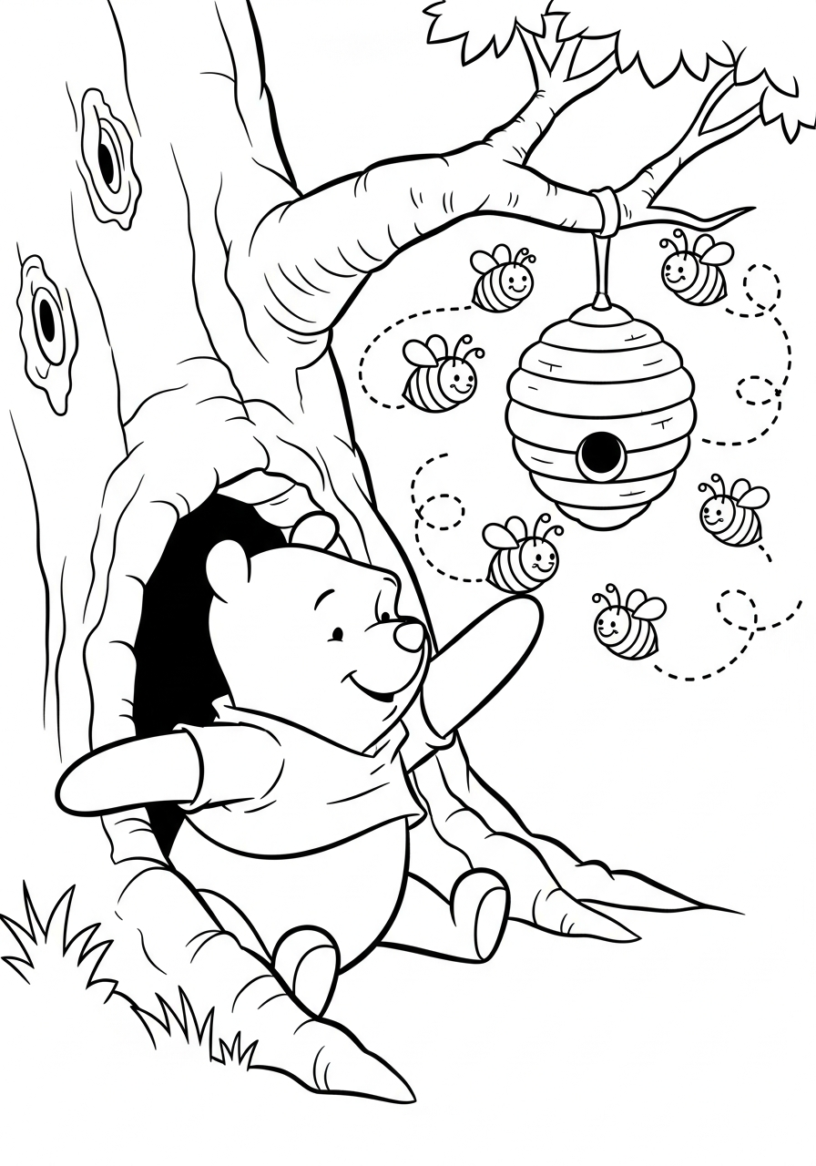 Winnie the Pooh stuck in tree coloring page