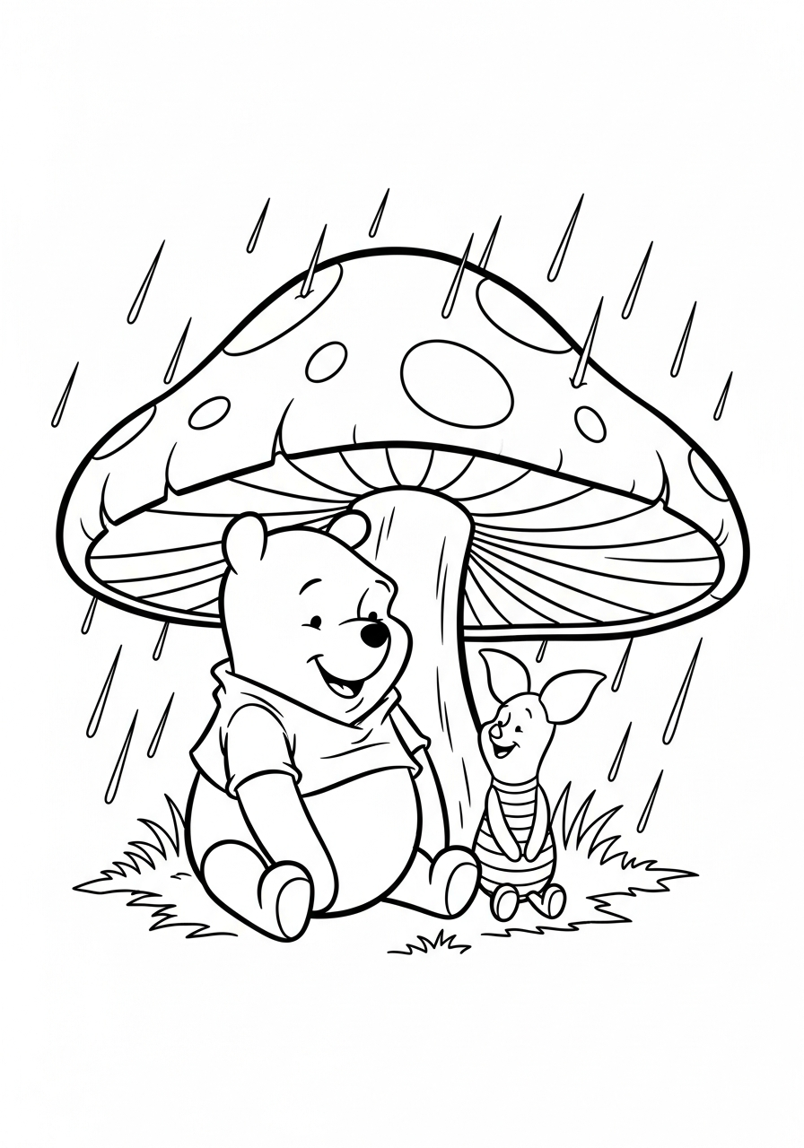 Winnie the Pooh under mushroom rain coloring page