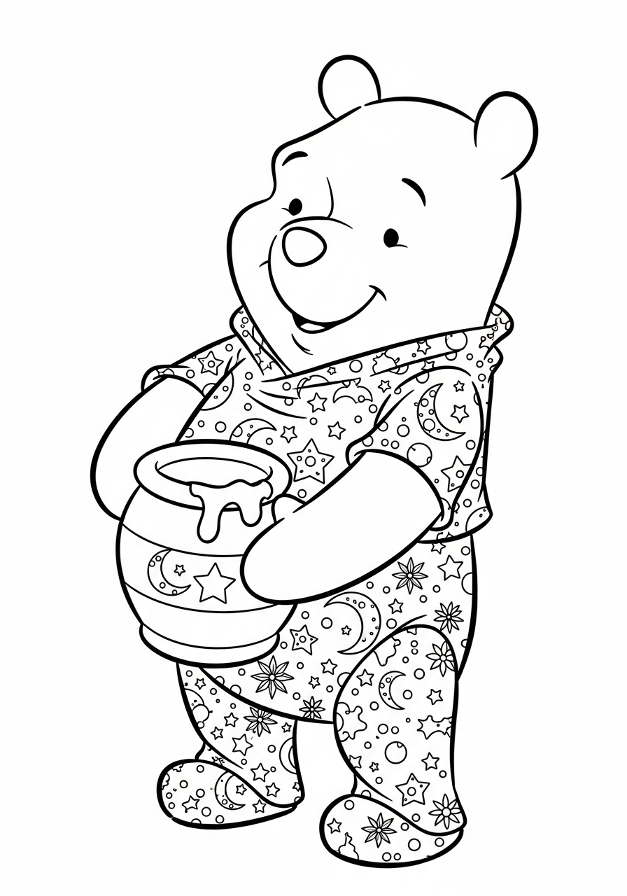 Winnie the Pooh wearing star pajamas coloring page