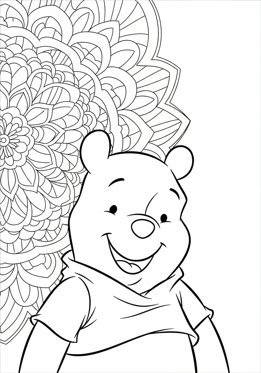 Winnie the Pooh with mandala background coloring page