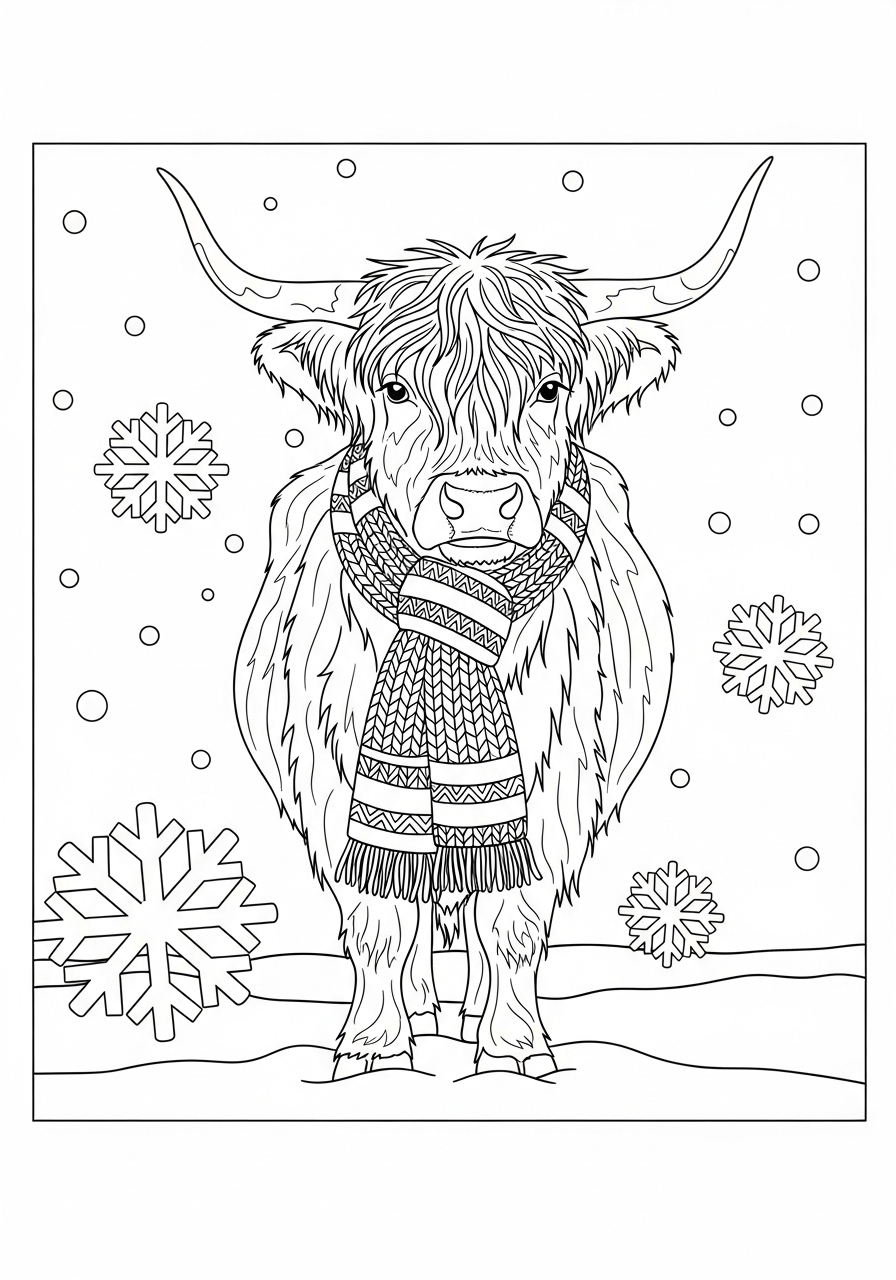 Highland Cow Coloring Pages 30 Winter Highland cow with scarf coloring page