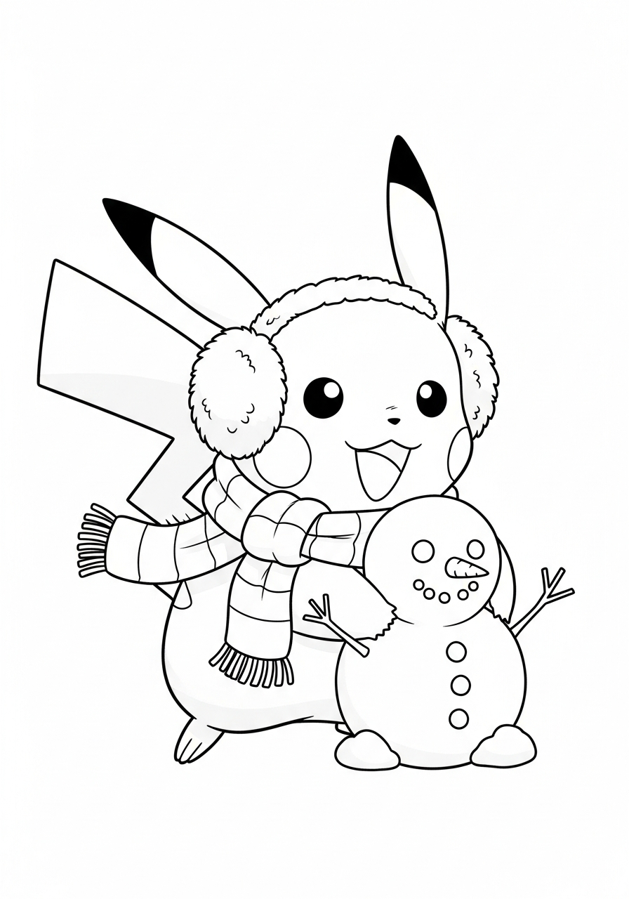 Pikachu Coloring Pages 31 Winter Pikachu building snowman coloring page