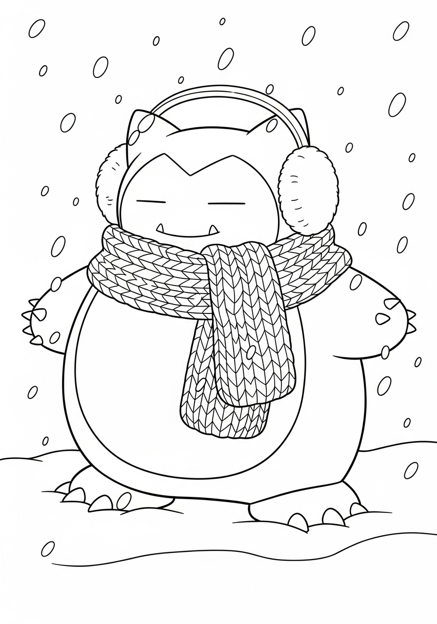 Snorlax Coloring Pages 28 Winter Snorlax wearing scarf earmuffs coloring page