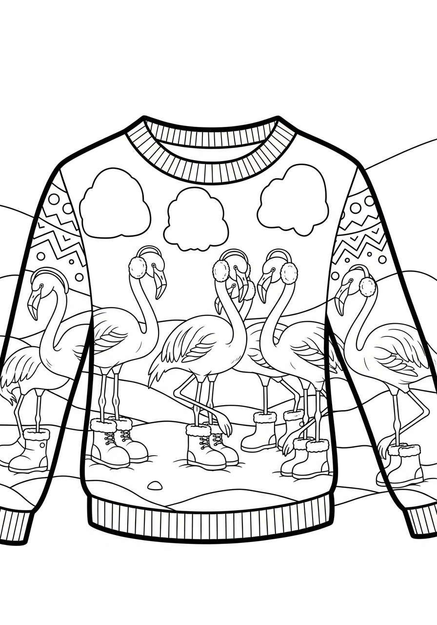 Ugly Christmas Sweater Coloring Pages 30 Winter flamingo ugly Christmas sweater coloring page