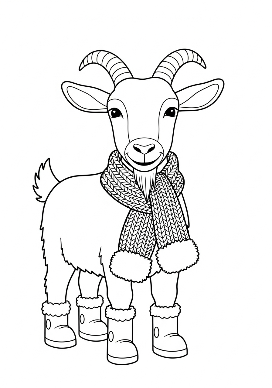 Winter goat wearing cozy scarf coloring page