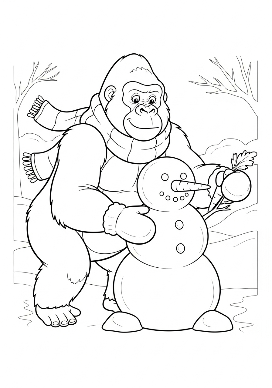 Gorilla Coloring Pages 31 Winter gorilla building a snowman coloring page