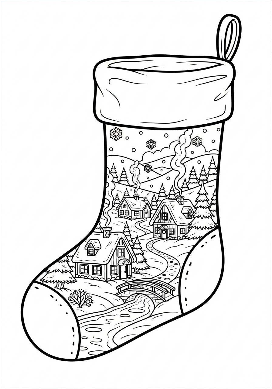 Winter village scene on Christmas Stocking coloring page