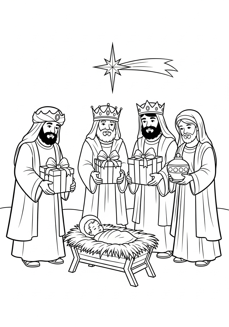 Wise men holding wrapped gifts coloring page