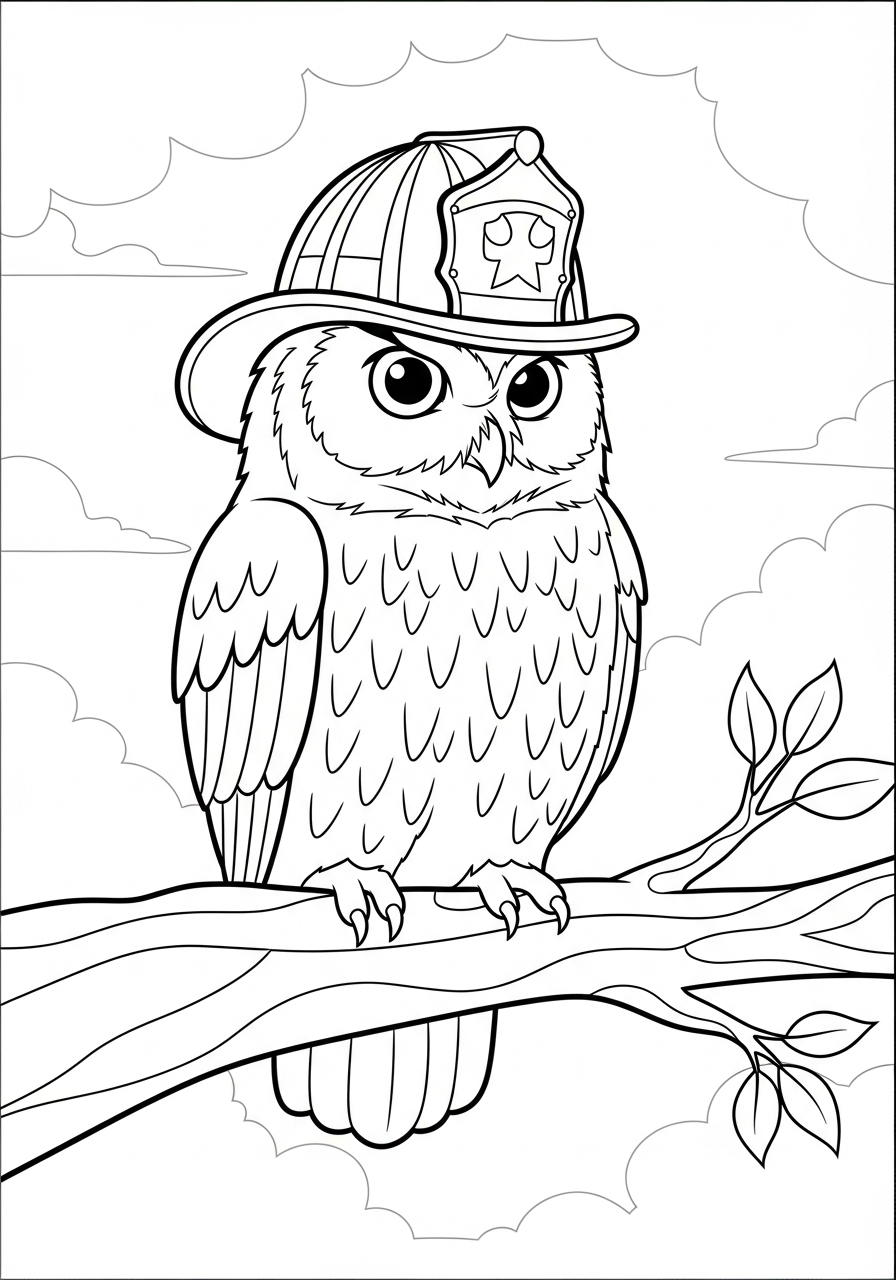 Fire Fighter Coloring Pages 30 Wise owl wearing fire helmet coloring page
