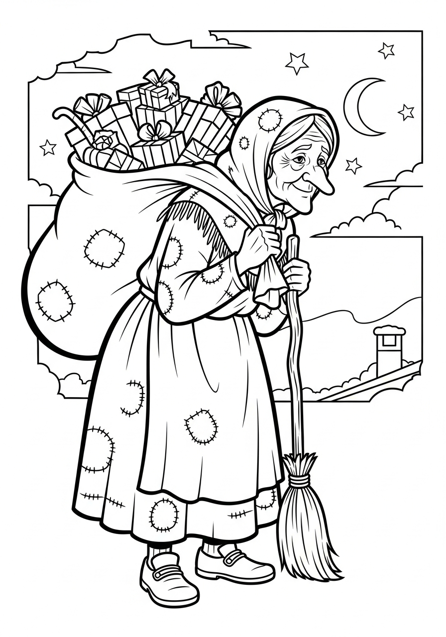 La Befana Coloring Pages 23 Witch carrying heavy gift sack coloring page