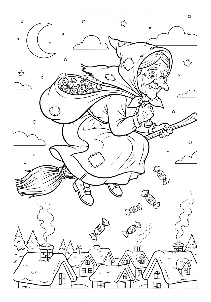 La Befana Coloring Pages 24 Witch dropping candy from sky coloring page