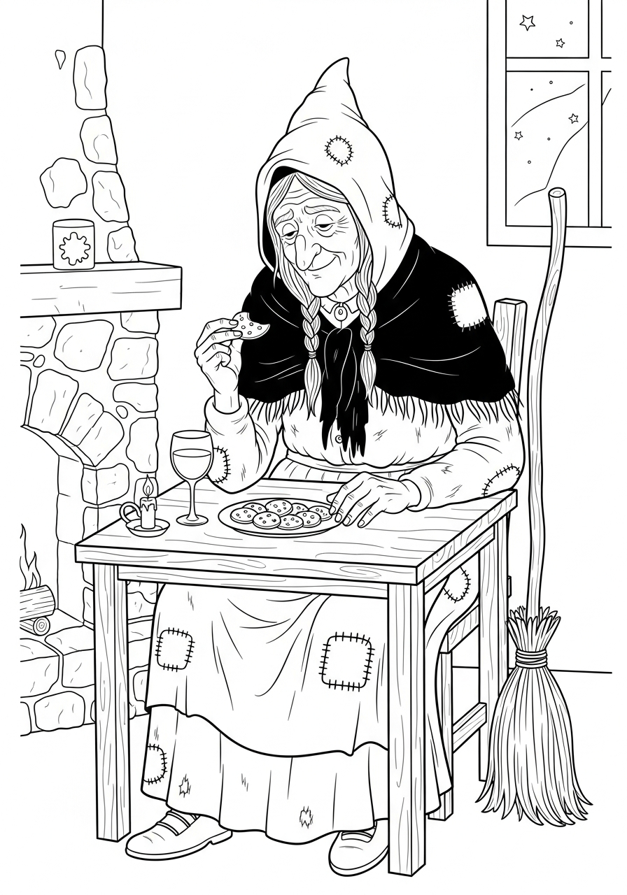 La Befana Coloring Pages 25 Witch eating cookies and wine coloring page