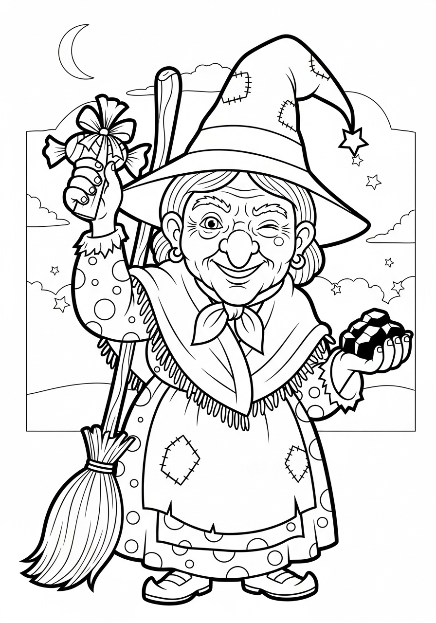 La Befana Coloring Pages 26 Witch holding coal and candy coloring page