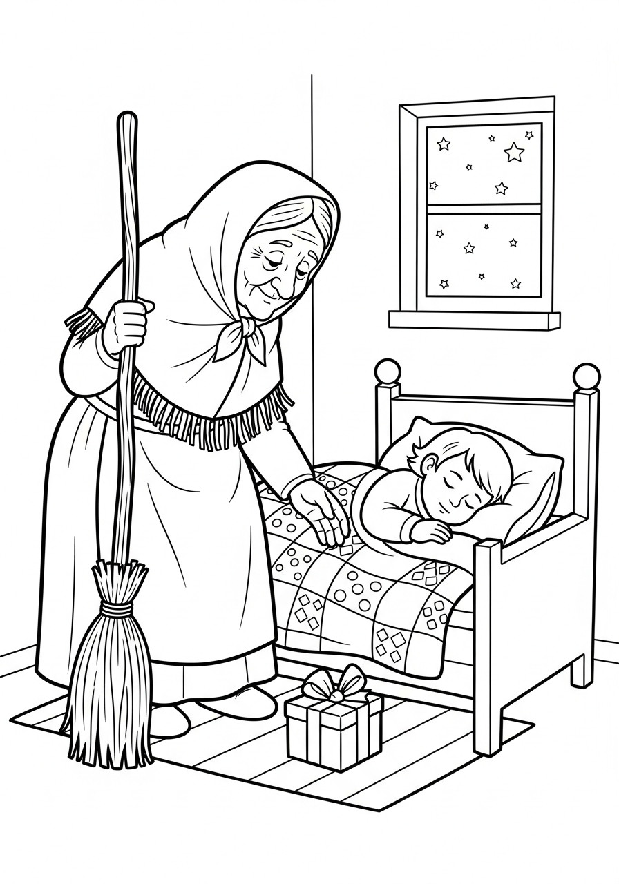 La Befana Coloring Pages 27 Witch leaving gift for child coloring page