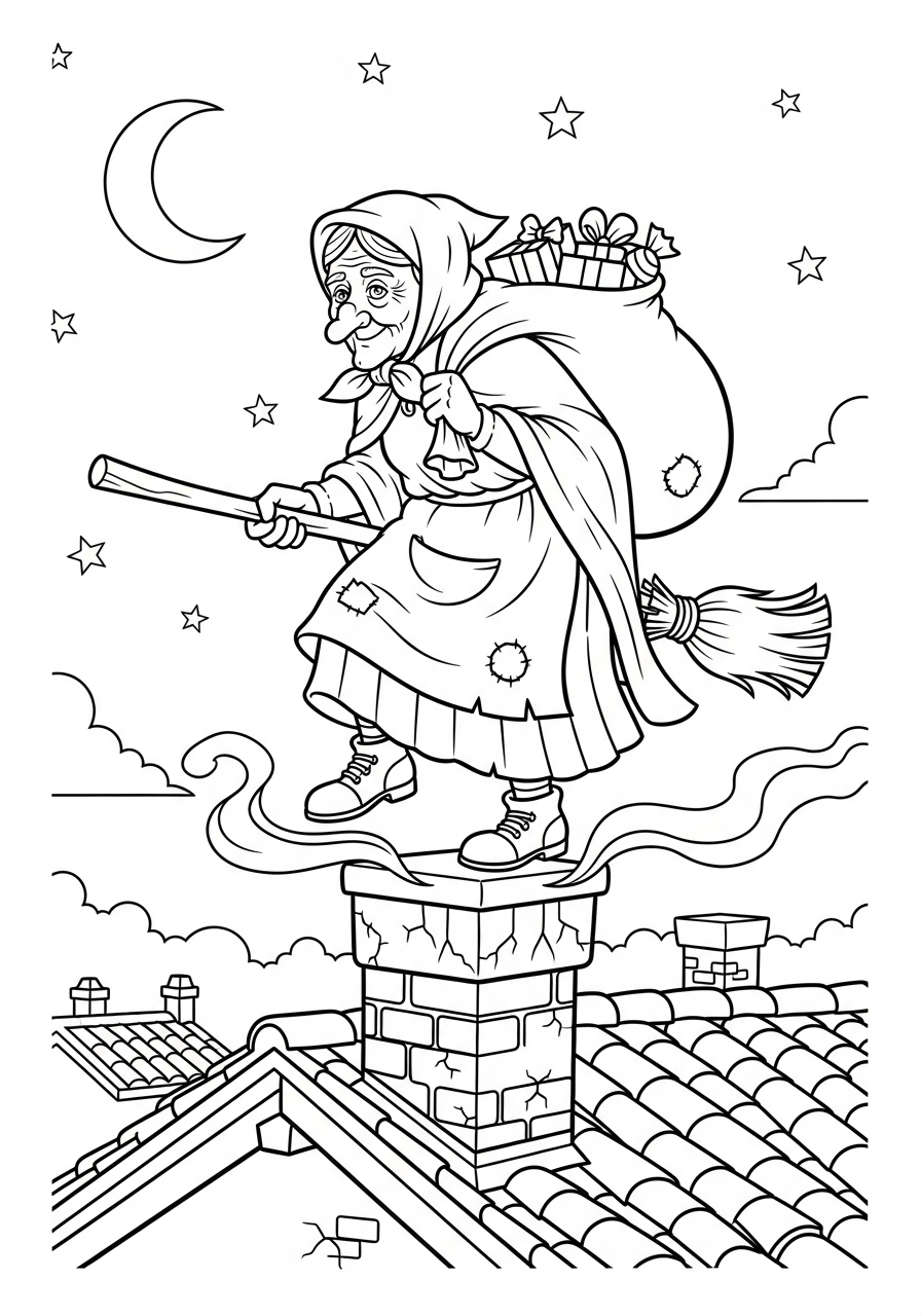 La Befana Coloring Pages 30 Witch standing on house chimney coloring page
