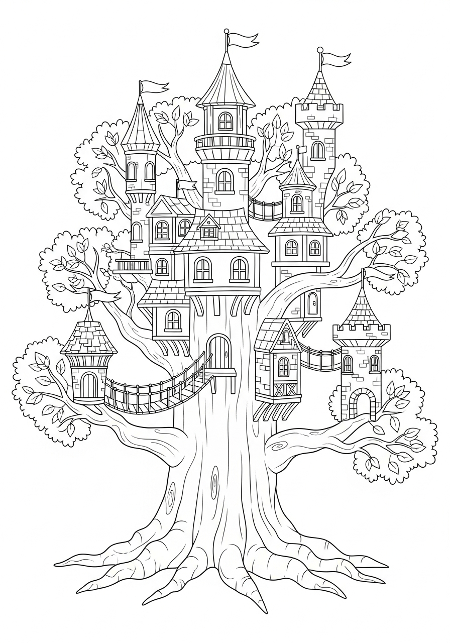 Castle Coloring Pages 29 Wooden treehouse castle in branches coloring page