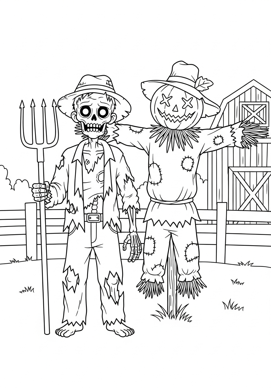 Zombie Coloring Pages 32 Zombie farmer standing near scarecrow coloring page