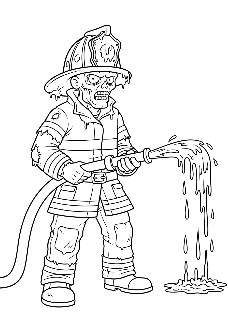 Zombie Coloring Pages 33 Zombie firefighter spraying green slime coloring page