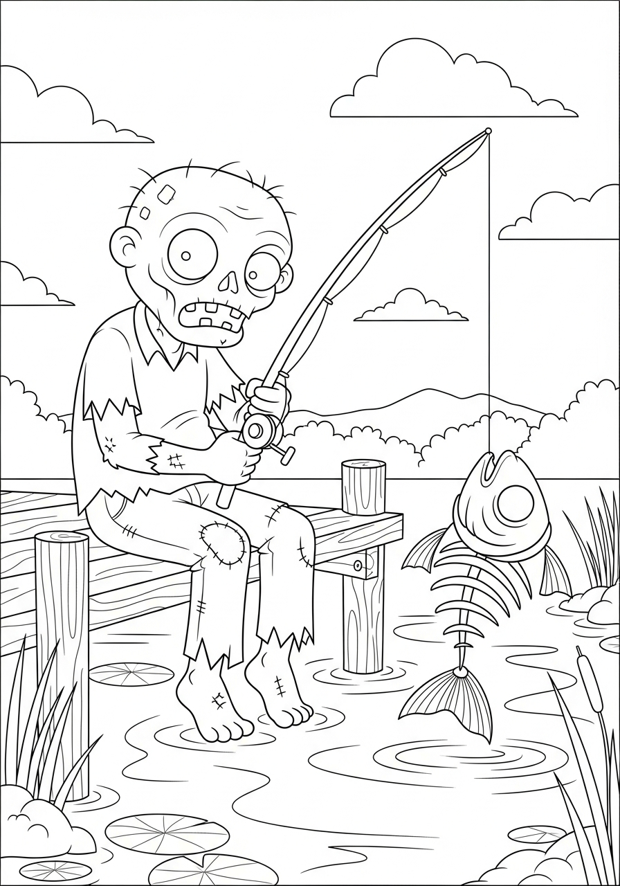 Zombie Coloring Pages 34 Zombie fishing for skeleton fish coloring page