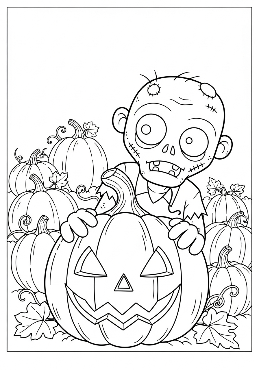 Zombie Coloring Pages 36 Zombie hiding behind Halloween pumpkin coloring page