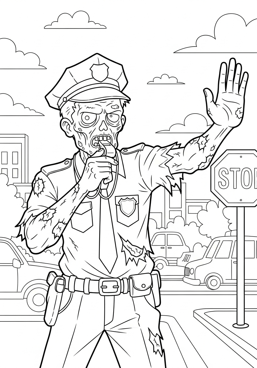 Zombie Coloring Pages 38 Zombie police officer directing traffic coloring page