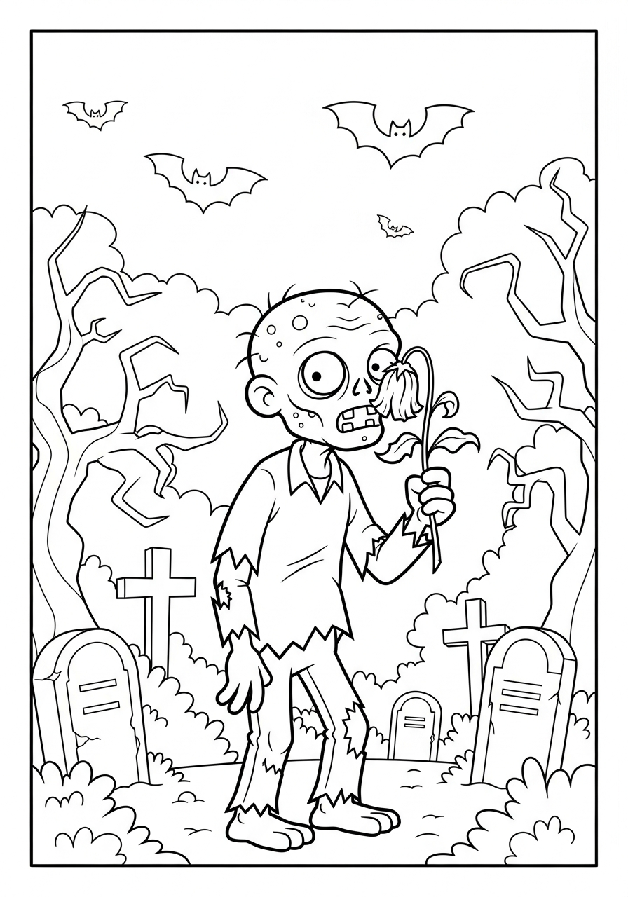 Zombie Coloring Pages 40 Zombie smelling a wilted flower coloring page