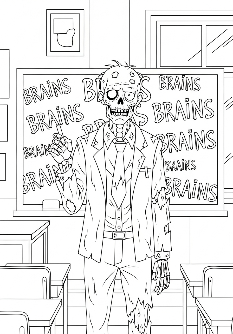 Zombie Coloring Pages 41 Zombie teacher writing on chalkboard coloring page