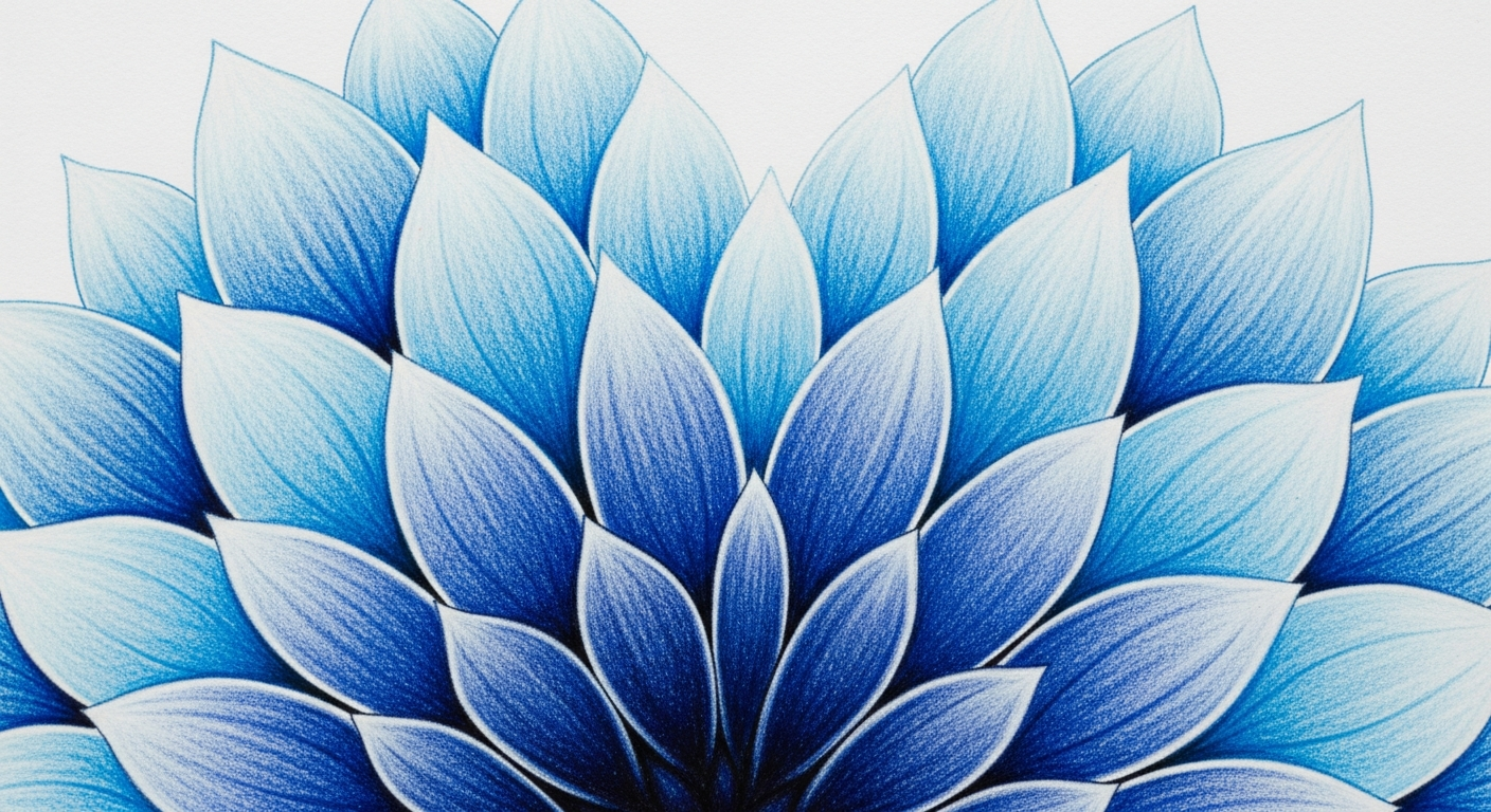 How to Teach Symmetry to Kids Using Mandala Coloring Pages 4 A completed section of a mandala showing advanced shading techniques with gradients from dark blue to light blue on symmetrical petals.