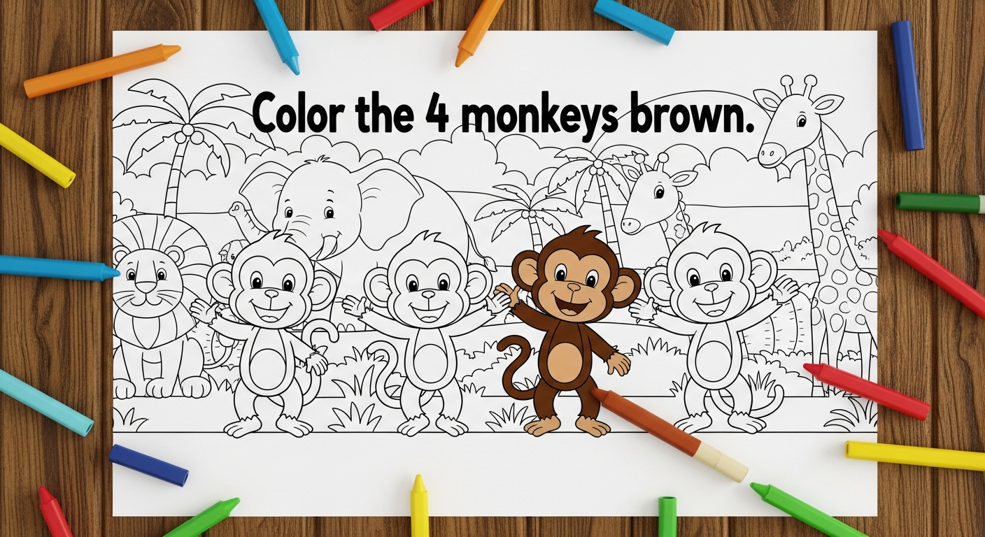 Worksheet with 4 cartoon monkeys and a number prompt