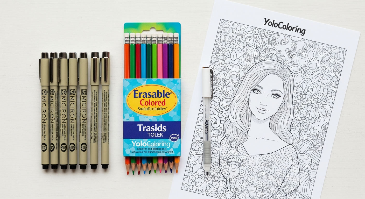 Flat lay of fine-tip markers, erasable colored pencils, and white gel pens on a desk.