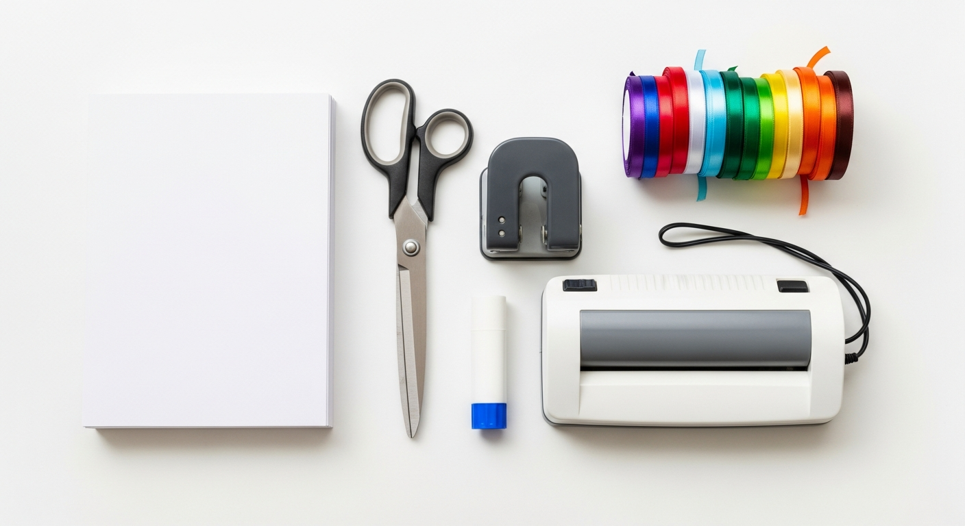 Craft supplies for making bookmarks including cardstock, scissors, hole punch, and a thermal laminator.