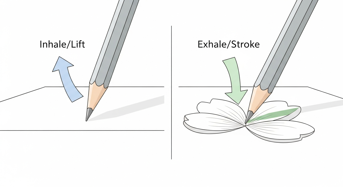 Diagram demonstrating the inhale-lift and exhale-stroke breathing technique for mindful coloring