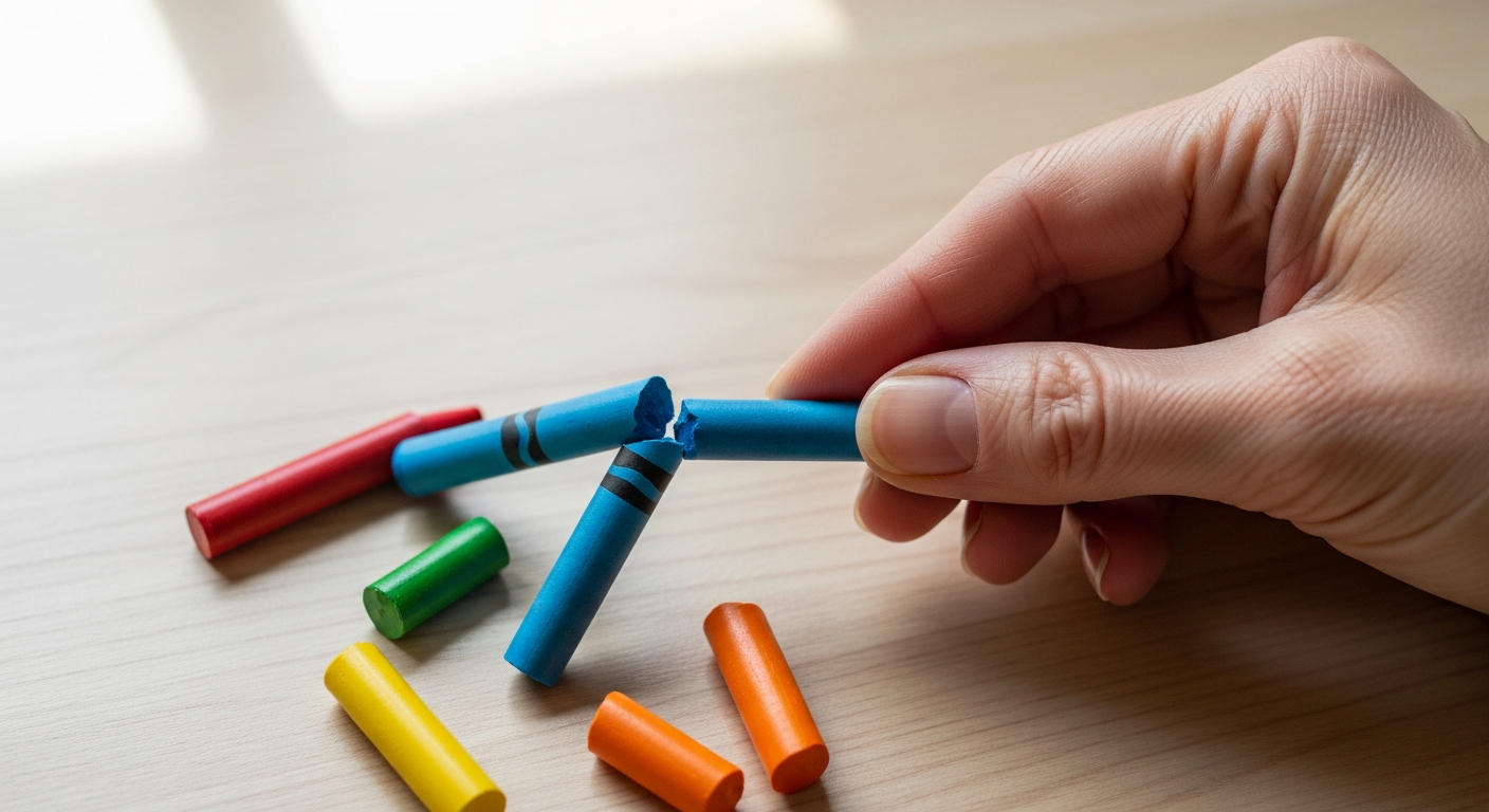 Adult hand breaking crayons into short pieces for tripod grip practice