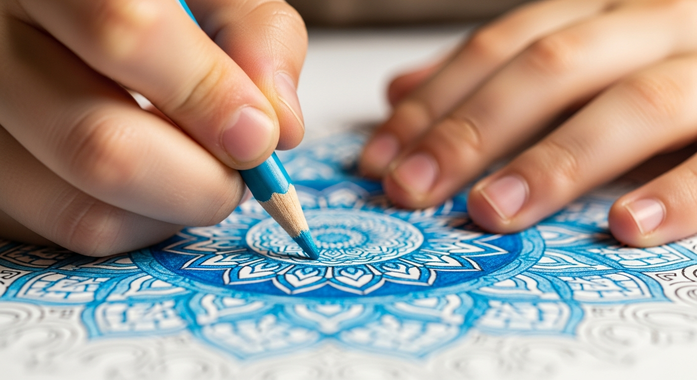 Close-up of a child's hands using colored pencils to blend colors on a detailed mandala coloring page.
