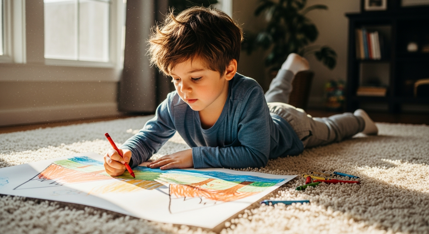 How to Create a Quiet Time Coloring Routine for High-Energy Kids 2 A child lying on their stomach on the floor coloring to improve shoulder stability and sensory regulation.
