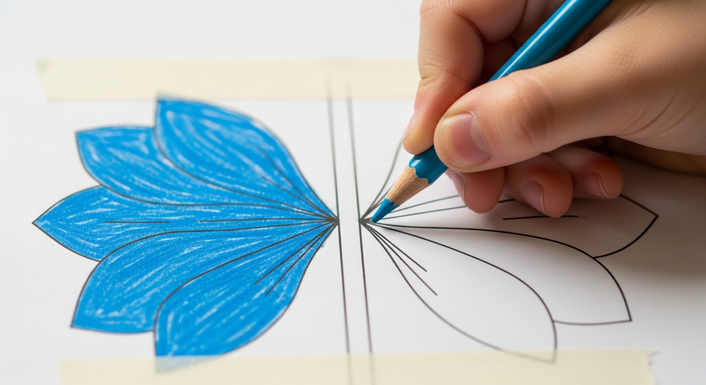 How to Teach Symmetry to Kids Using Mandala Coloring Pages 3 A child coloring the left side of a mandala petal blue, while looking at the empty matching petal on the right side.