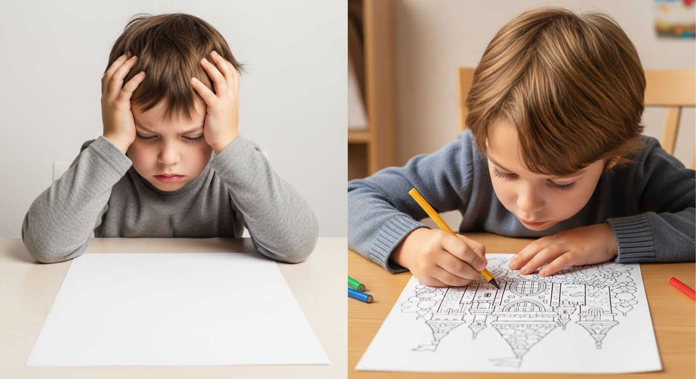 Comparison of a child feeling overwhelmed by a blank paper versus enjoying a coloring sheet.