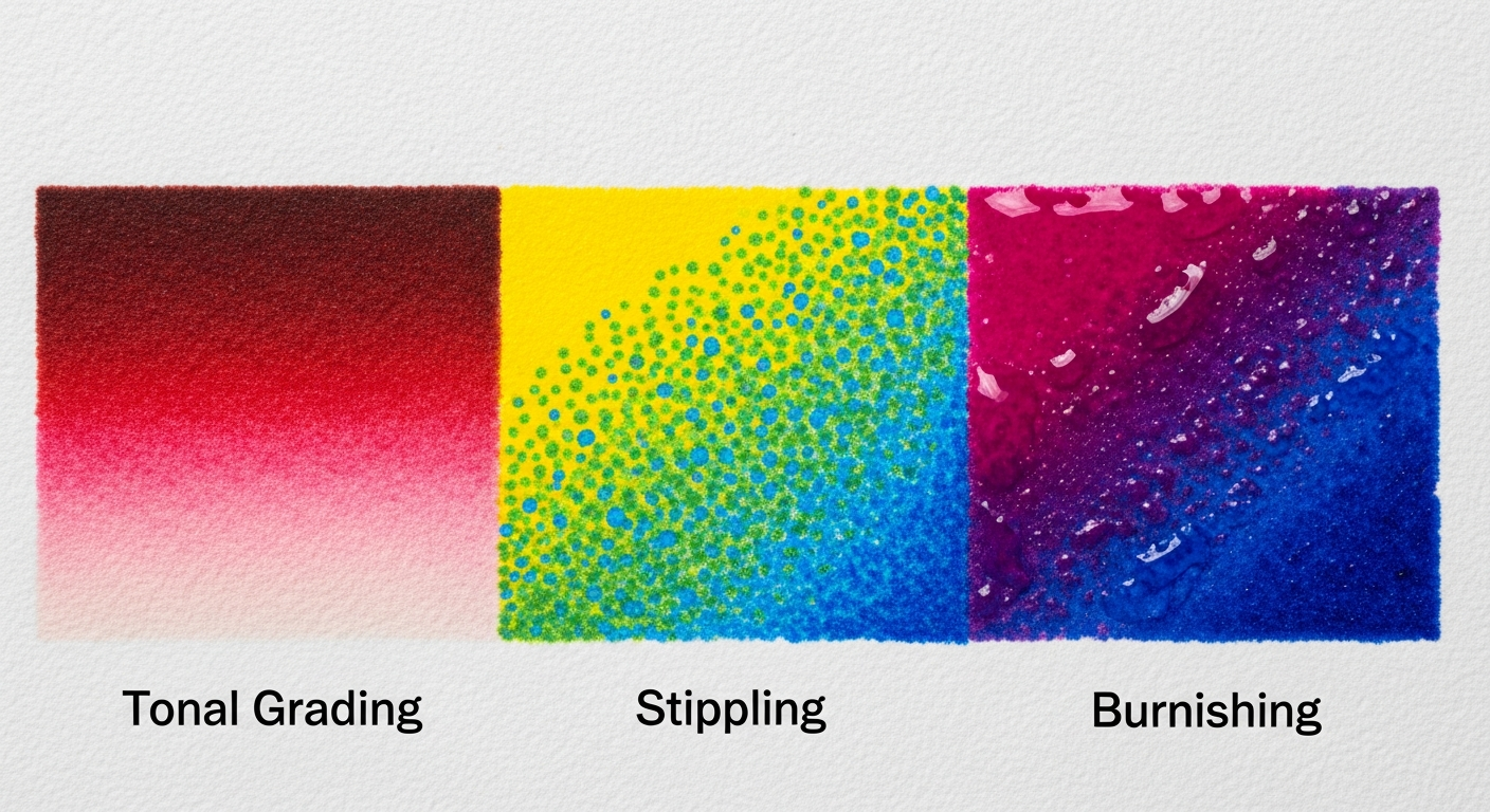 Visual guide showing tonal grading, stippling, and burnishing techniques with colored pencils
