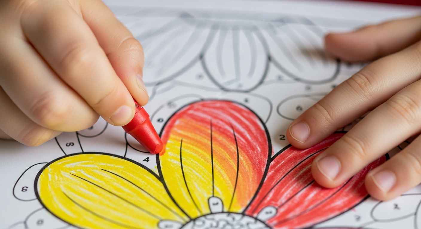 Crayon blending on a flower petal in a math coloring page