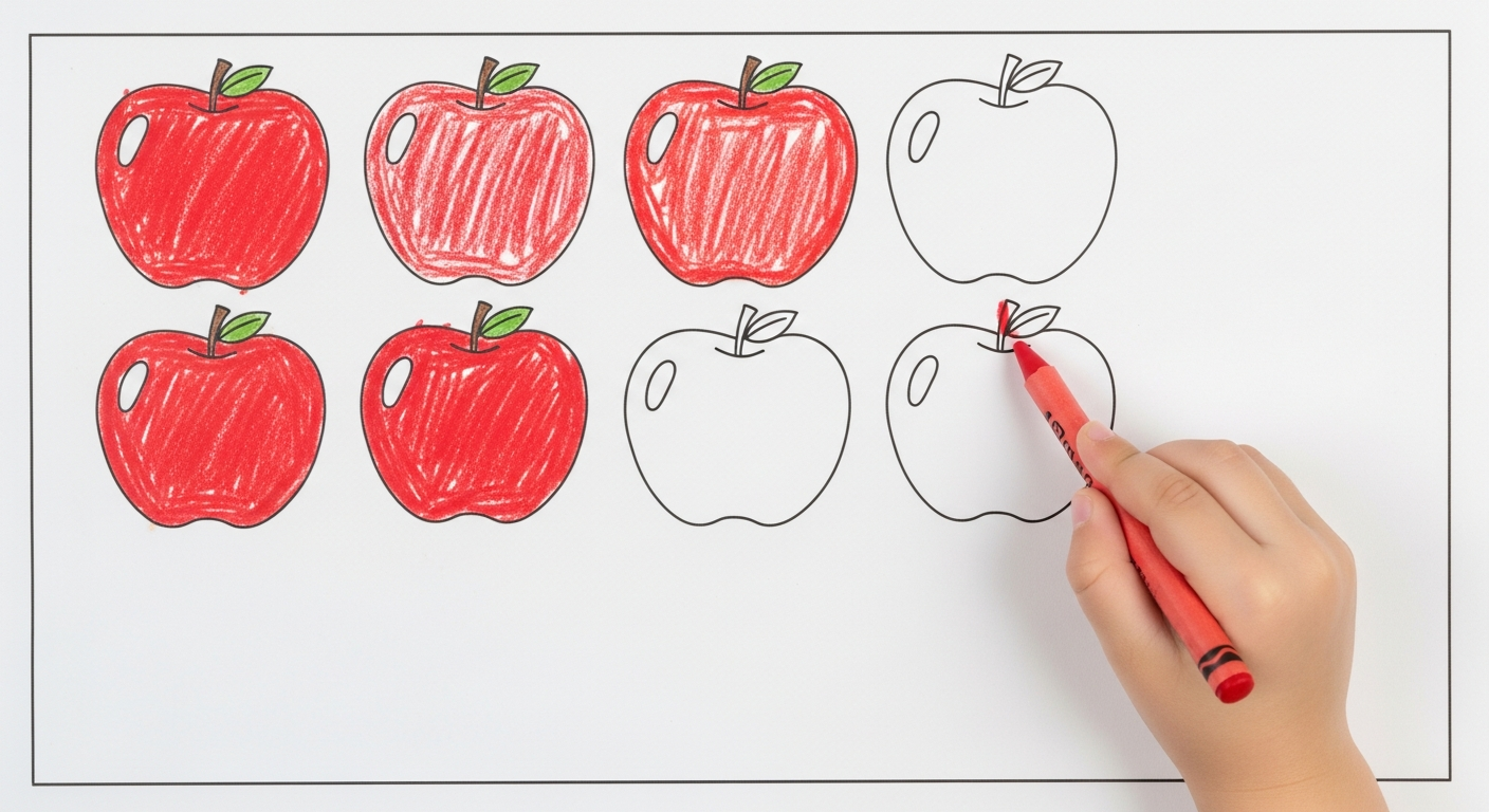 Coloring 3 red apples as part of a counting worksheet