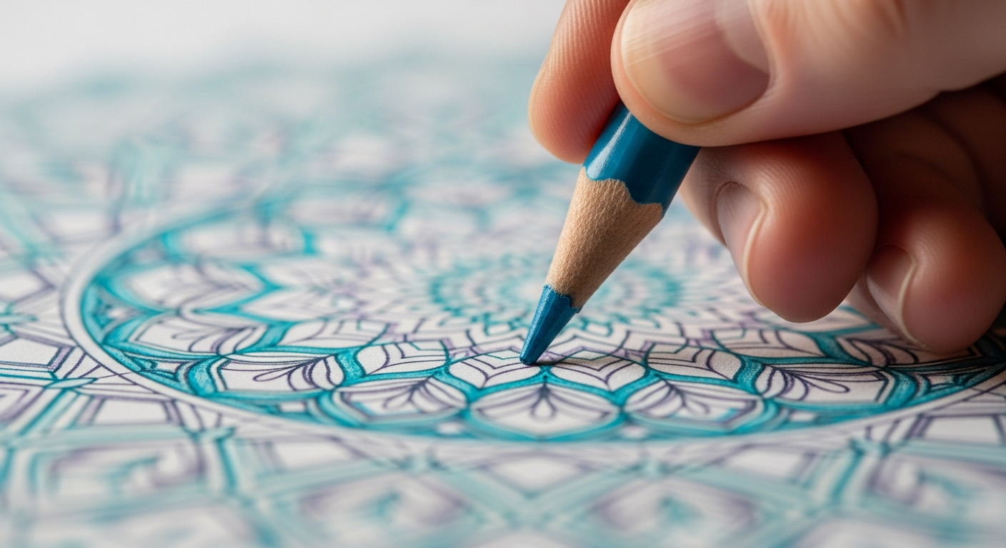 Close-up of a hand coloring a symmetrical mandala pattern with a blue pencil to demonstrate focus and grounding.