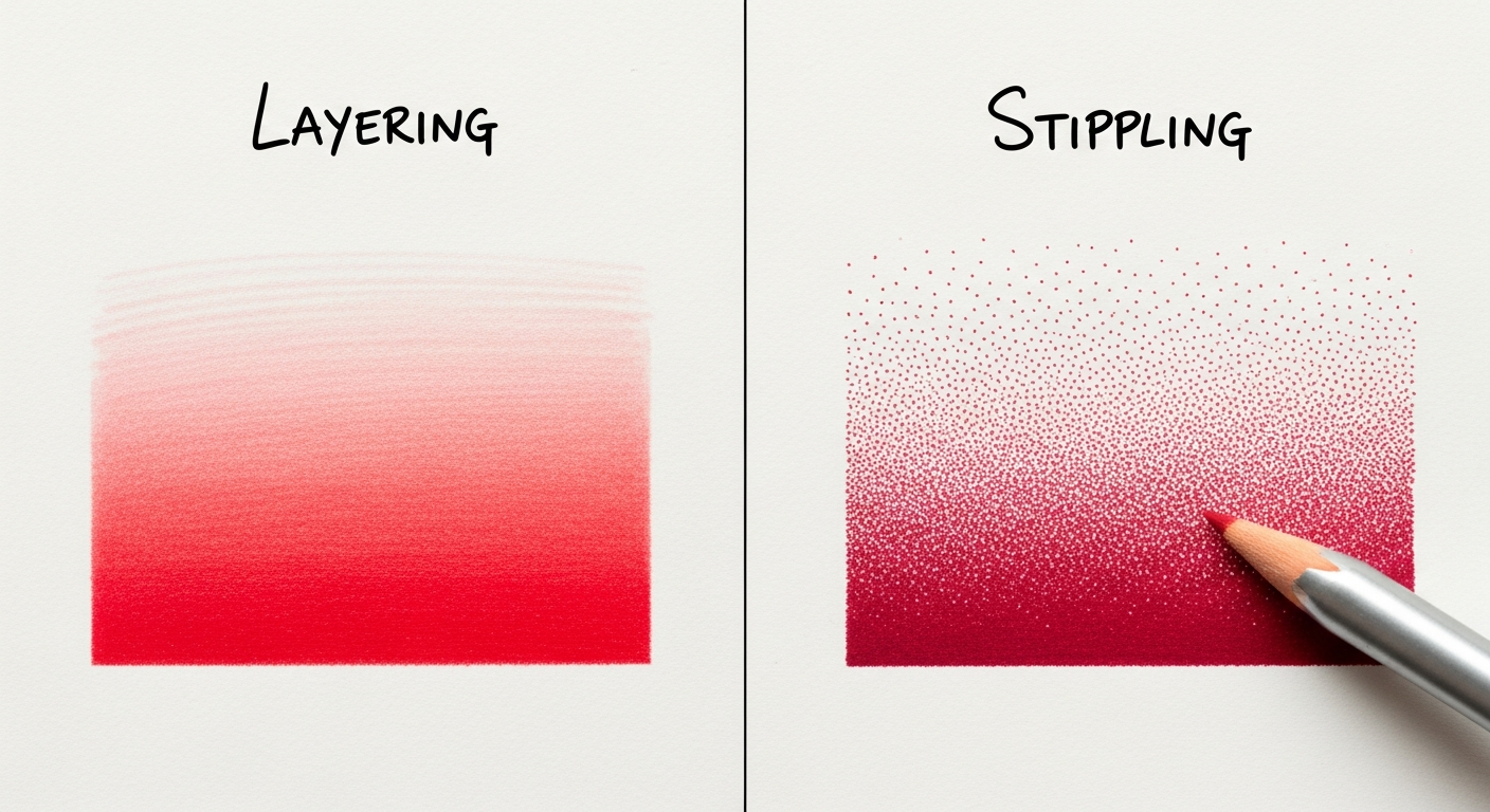 A comparison of coloring techniques showing smooth layering versus stippling dots, highlighting the patience required for advanced art.