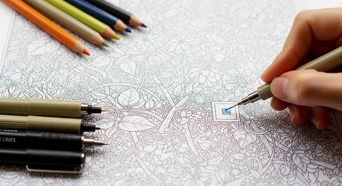 A highly detailed "Hidden Garden" coloring page with fine lines, requiring focus and delayed gratification to complete.